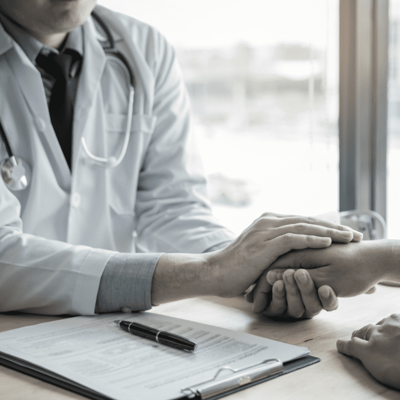 doctor touching the hand of a patient in comfort next to a clipboard and pen