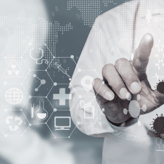 a doctor interacts with a digital touchscreen displaying medical icons